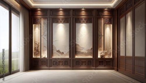 Luxurious Interior Design with Traditional Wood Paneling and Art Displays.