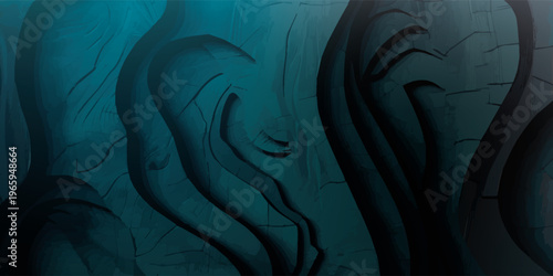 Abstract flowing dark teal and black liquid texture with dynamic curves and gradients creating a mysterious and organic visual effect.