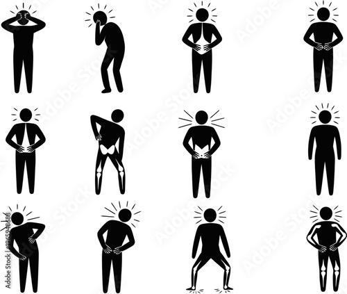 Human Body Pain Icons: Headache Stomach Ache Back Pain Joint Discomfort Illness Symptoms