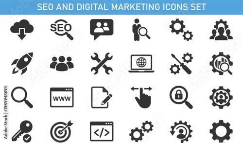 SEO and digital marketing icons set including search engine optimization, analytics, website development, coding, target marketing, cloud data, business growth strategy concept