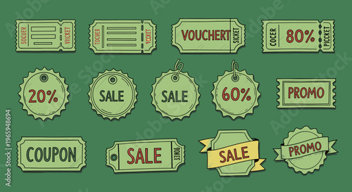 A set of cartoon-style discount coupons and tickets on a green background, conveying a sense of savings and promotions.