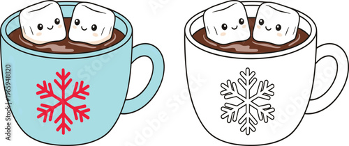  Cute cartoon kawaii hot cocoa mug with smiling marshmallows and snowflake including black and white coloring page version isolated white,