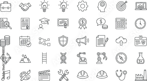 Business, Career, and Productivity Icon Set Featuring Work, Finance, Education, Technology, and Health for Websites, Apps, and Digital Media