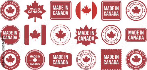 Made in canada stamps collection with maple leaf and canadian flag symbols for product labeling and country of origin identification.