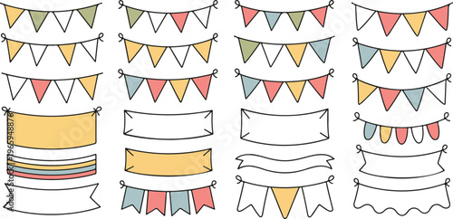 Hand drawn colorful bunting flags and banners for party decoration celebration events and festive occasions banners for holidays.