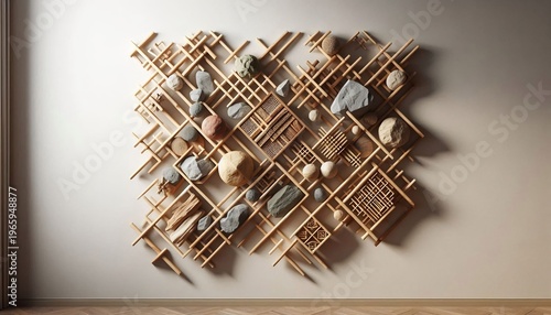 Abstract Geometric Wall Art with Natural Stones and Wood Elements.