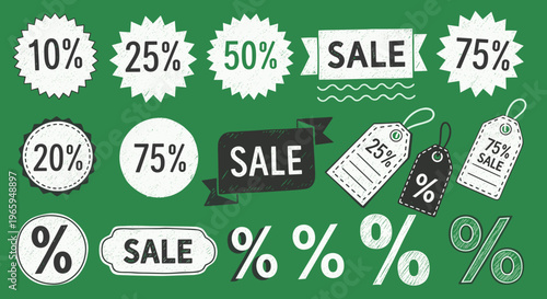 A set of vintage-style discount labels and badges on a green background, conveying a sense of savings and promotions, perfect for marketing and advert