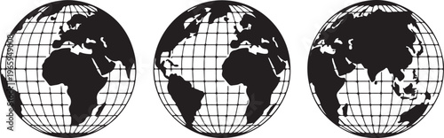 Three black silhouettes of globes showing world continents for global business travel and international concepts.