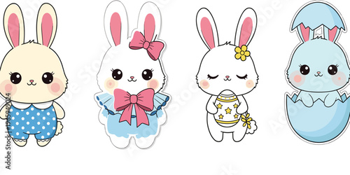 Set of Cute Easter Bunny Icons with Different Outfits and Accessories in Kawaii Style