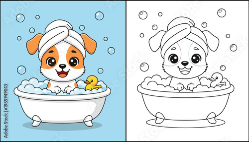  Cute cartoon puppy dog taking bubble bath in tub with yellow rubber duck including black and white coloring page version,