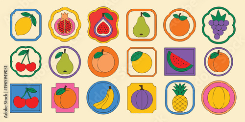 Flat fruit icons set collection of colorful fresh organic produce with lemon pomegranate fig pear orange grape cherry peach melon.