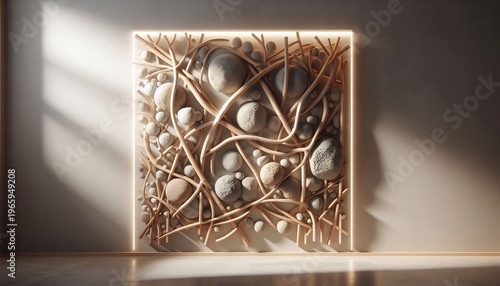 Abstract Organic Sculpture with Natural Elements and Soft Lighting.