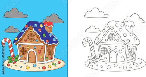  Cute cartoon snowman playing ice hockey wearing red jersey and blue helmet including black and white coloring page version isolated,