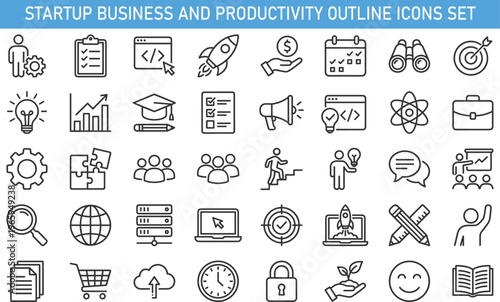 startup business and productivity outline icons set, leadership teamwork coding strategy growth education finance innovation vector icons collection for corporate development and project management