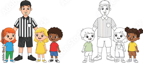  Cute cartoon sports referee standing with three diverse happy children including black and white coloring page version isolated white background,