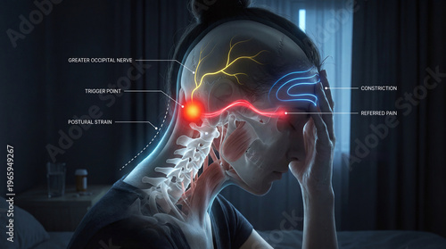 Migraine anatomy illustration showing occipital nerve pain pathways and trigger points in a woman.