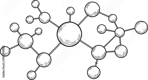 Stylized black and white drawing of a molecular structure with circles and lines connecting them.