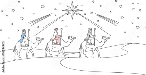   Cute cartoon three wise men magi riding camels through desert following bright Christmas star line art coloring page version isolated,