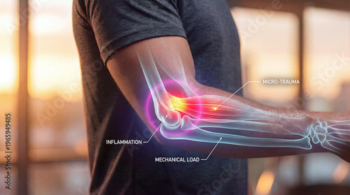 Elbow pain anatomy illustration showing glowing x-ray joint inflammation and trauma on male arm.