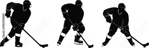 three hockey players in silhouette skating with sticks on a checkered background.