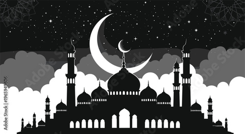 silhouette of a mosque at night with crescent moon and stars, islam, religion.