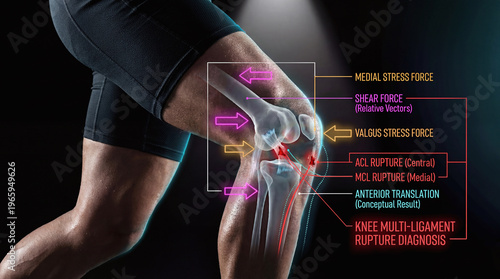 Knee anatomy illustration showing ACL and MCL multi-ligament rupture diagnosis and stress forces.