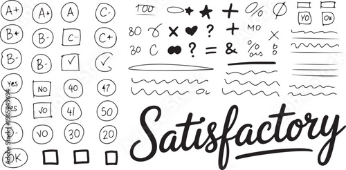School and education symbols in doodle style like grades, numbers, marks, lines and satisfactory text.