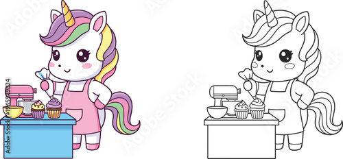  Cute, unicorn, baker, chef, decorating, cupcakes, coloring, page, for, kids, with, colorful, character, and, black, white, outline, vector, illustration, children.