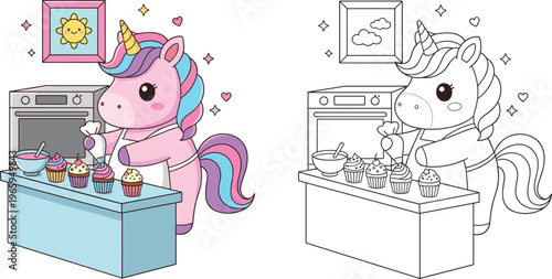  Cute, unicorn, baker, in, kitchen, decorating, cupcakes, coloring, page, for, kids, with, colorful, character, and, black, white, outline, vector, illustration.