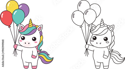  Cute, unicorn, holding, colorful, balloons, coloring, page, for, kids, with, character, and, black, white, outline, vector, illustration, birthday, party, children.
