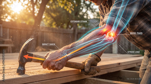 Biomechanics of a carpenter hammering with x-ray overlay showing arm joint stress and muscle strain.