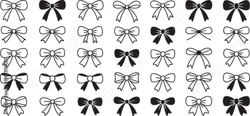 Set of hand-drawn bows in two styles, filled and outline, on a transparent background, vector illustration.