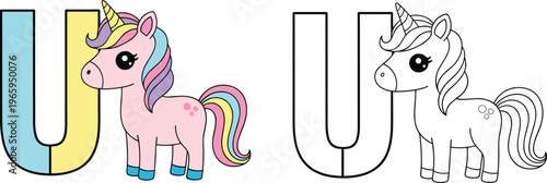  Cute, unicorn, with, letter, U, coloring, page, for, kids, educational, alphabet, character, black, white, outline, vector, illustration, children, preschool, learning.