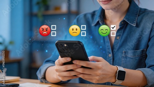 Woman using smartphone with floating satisfaction survey icons angry neutral happy emojis feedback rating customer experience mobile app interface digital technology modern office