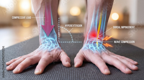 Wrist anatomy illustration showing hyperextension, nerve compression, and joint pain during exercise.