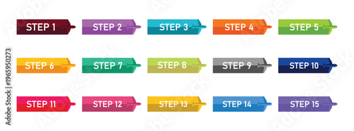 Fifteen colorful Step icon. Fifteen distinct colorful rectangular tabs, each featuring an airplane silhouette pointing rightward.