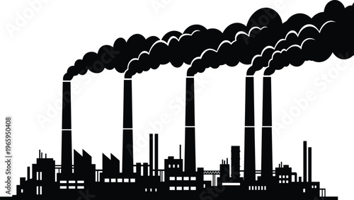  Industrial factory building silhouette with tall smoking chimneys emitting black clouds of pollution or carbon emissions for environmental concept.