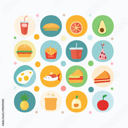 Flat icons grid of diverse foods and drinks including burgers, fruits, fries, pizza slice, and drinks, fast food