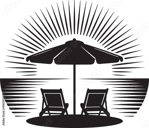 Retro Beach Sunset Lounge Chairs Umbrella Ocean Vacation Summer Graphic T Shirt Design
