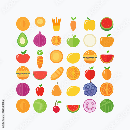 Large grid of flat food icons: fruits, vegetables, burgers, and other foods in circular elements, ideal for nutritional