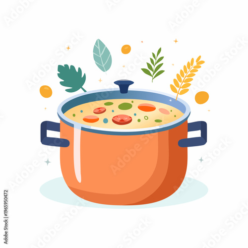Healthy vegetable soup in pot, fresh ingredients, autumn harvest food illustration