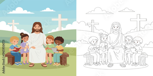  Jesus teaching children illustration, Christian education faith love kids Bible lesson church Sunday school Calvary cross background vector artwork design