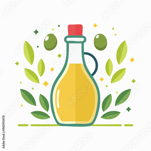 Olive oil bottle with green olives and leaves, healthy cooking oil illustration, vegetable oil, extra virgin