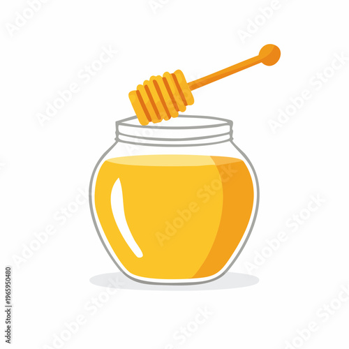 Golden honey jar with wooden dipper, sweet natural food product illustration