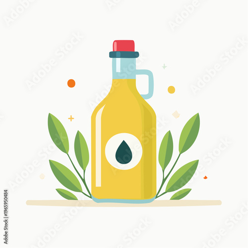 Yellow cooking oil bottle with leaf decor, fresh ingredient concept, vegetable oil, salad dressing