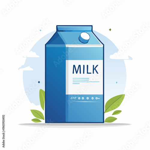Fresh milk carton illustration, healthy dairy product in a simple blue carton with label and leaves, flat design