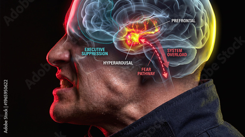 Human brain anatomy illustration showing fear pathway and stress hyperarousal in a man's profile.