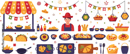 Vibrant Mexican Street Food Vendor Vector Collection Featuring Tacos, Nachos, Salsa, and a Colorful Festival Stand with Food, Drinks, and Decorations