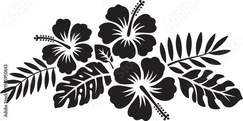 Hibiscus floral arrangement with tropical leaves silhouette and exotic blooming flowers for summer travel and botanical decoration.