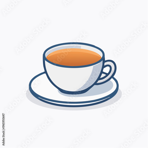 White cup of tea on saucer with blue rim, simple flat vector illustration, hot drink, flat design, white background